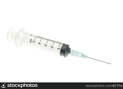 Plastic blue syringe isolated on white background. Single use medical equipment in hospital for injection.