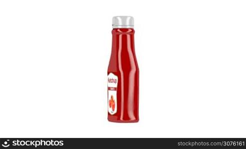 Plastic bottle of ketchup, spin on white background