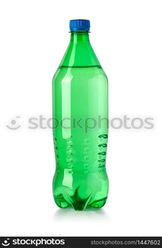 Plastic bottle of lemon soft drink isolated on white with clipping path