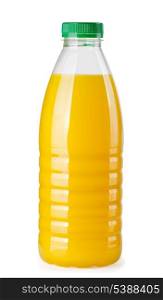 Plastic bottle of orange juice isolated on white