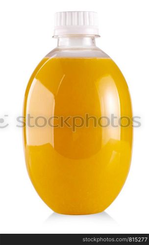 Plastic bottle of orange juice isolated on white background