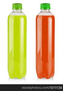 plastic bottle with green and red juice on white. The plastic bottle with green and red juice on white