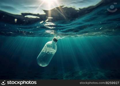 Plastic bottles and plastic bags floating in ocean. Ocean pollution ecology concept. Generative AI.