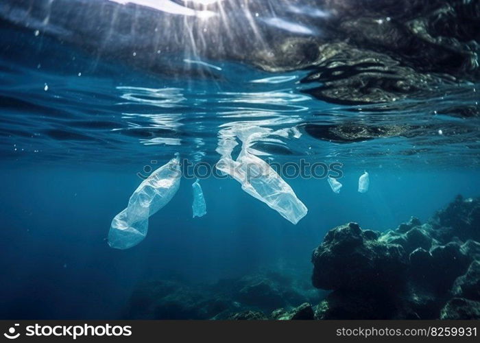 Plastic bottles and plastic bags floating in ocean. Ocean pollution ecology concept. Generative AI.