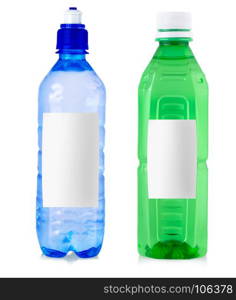 Plastic bottles of drinking water with label isolated on white background