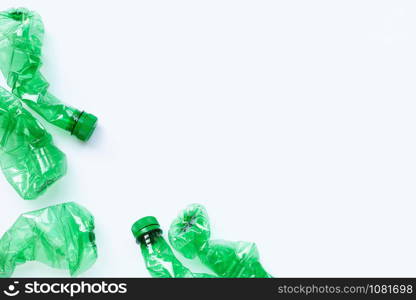 Plastic bottles on white background. Copy space