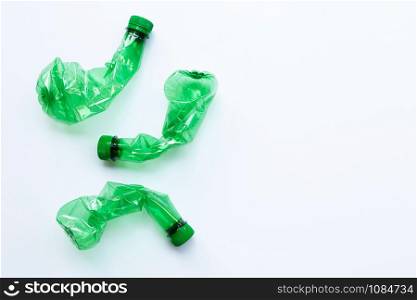 Plastic bottles on white background. Copy space