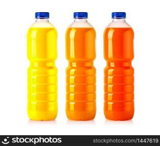 Plastic bottles with fresh organic juice on white background with clipping path