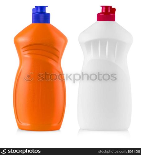 plastic bottles with liquid laundry detergent, cleaning agent, bleach or fabric softener isolated on white background