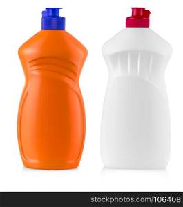 plastic bottles with liquid laundry detergent, cleaning agent, bleach or fabric softener isolated on white background