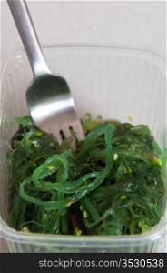 Plastic box of wakame seaweed salad with fork on white background