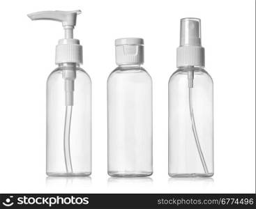 Plastic Clean Three blank bottles With Dispenser Pump on white background