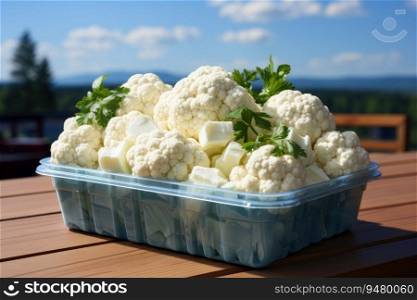 Plastic container with different fresh cut cauliflower. Generative AI