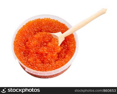 plastic container with salted russian red caviar of pink salmon fish and big wooden spoon isolated on white background