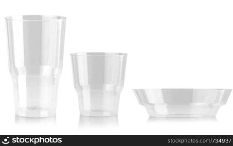 Plastic cup and plate disposable glass isolated on white background. ?lipping path