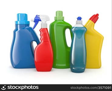 Plastic detergent bottles on white background. Cleaning products. 3d