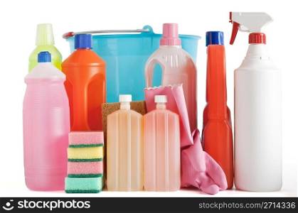 plastic detergent bottles with bucket, sponges and gloves