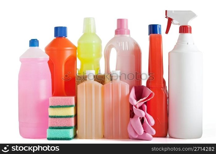 plastic detergent bottles with sponges and gloves isolated on white