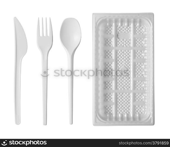 plastic disposable tableware isolated on white background