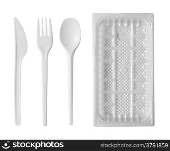 plastic disposable tableware isolated on white background