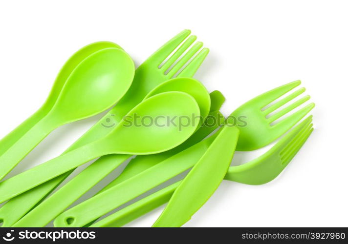 plastic fork, spoon and knife close up isolated on white background. With clipping path