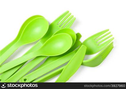 plastic fork, spoon and knife close up isolated on white background. With clipping path