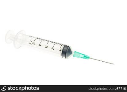 Plastic green syringe isolated on white background. Single use medical equipment in hospital for injection.