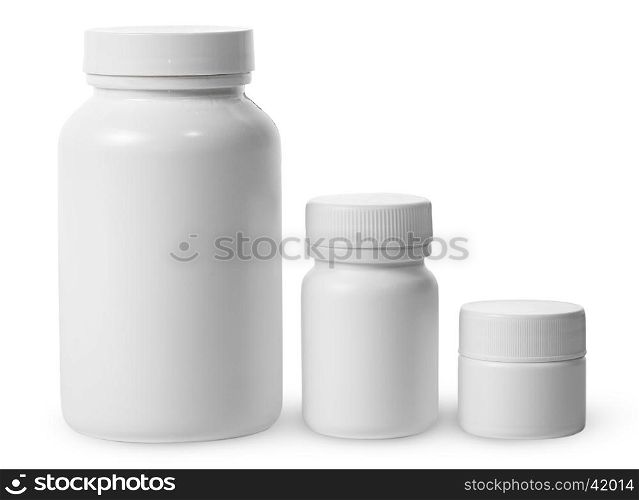 Plastic jars of different sizes for medicines isolated on white background