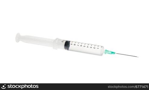 Plastic medical syringe with solution isolated on white background, high depth of field, studio shot