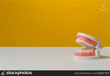 plastic model of a human jaw with white teeth on a yellow background, oral hygiene. Copy space
