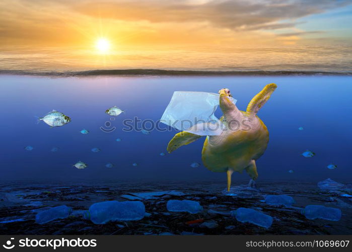 plastic ocean turtle are eating plastic bags under the blue sea. Environmental conservation concepts and not throwing garbage into the sea