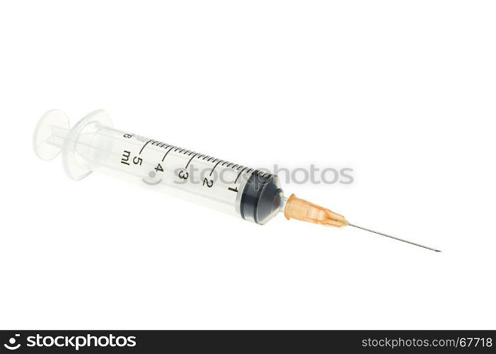 Plastic orange syringe isolated on white background. Single use medical equipment in hospital for injection.