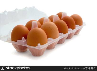 Plastic pack of ten eggs isolated on white