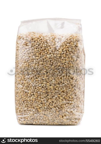 Plastic package of pearl barley isolated on white