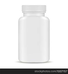 Plastic pill bottles. Black and white 3d Vector illustration. Mockup Template of medicine package for pills, capsule, drugs. Sports and health life supplements.. Plastic pill bottle. White 3d Vector Mockup