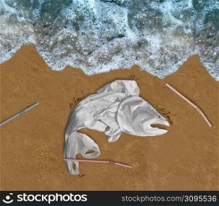 Plastic pollution concept as a climate change idea to save the ocean from marine life death or saving the planet from plastics in the environment as a bag shaped as a dead fish with 3D illustration elements.