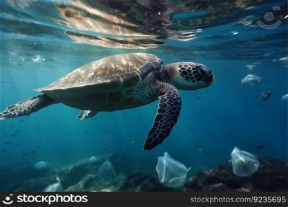 Plastic Pollution In Ocean - Turtle Eat Plastic Bag , AI Generative