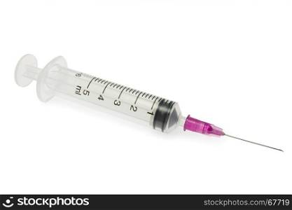 Plastic syringe on white background and soft light. Medical device in hospital for injection.