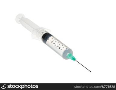 Plastic syringe with solution isolated on white background, high depth of field, studio shot