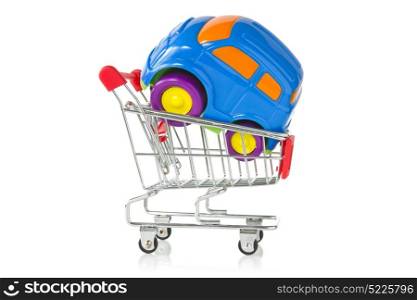 plastic toy car in a shopping cart on white background