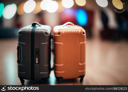 Plastic Travel Suitcases, airport blurred background, Illustration Generative AI
