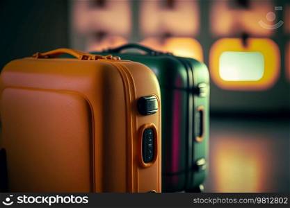 Plastic Travel Suitcases, airport blurred background, Illustration Generative AI