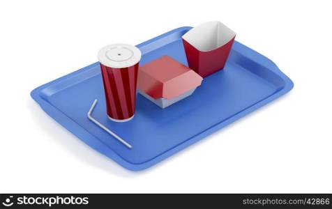 Plastic tray with empty soda cup, sandwich and french fries boxes