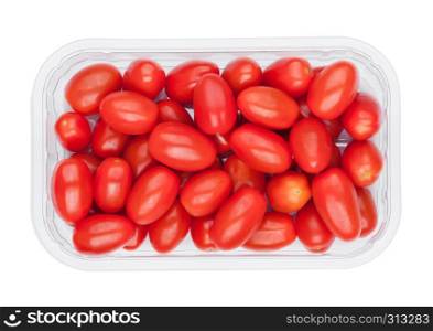Plastic tray with fresh red grape tomatoes on white background