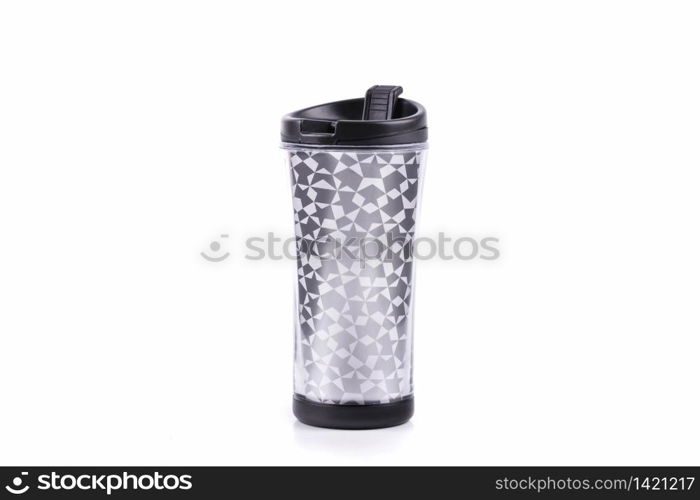 plastic tumbler glasses or thermos travel cup isolated on white background