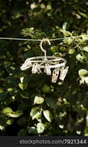 Plastic white clothespins hanging on rope at garden