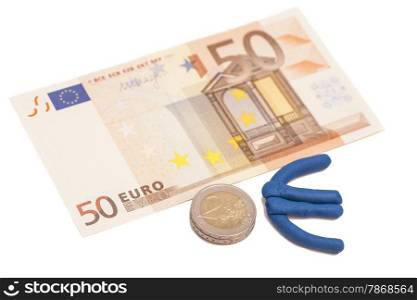 Plasticine euro icon, euro banknote and coins