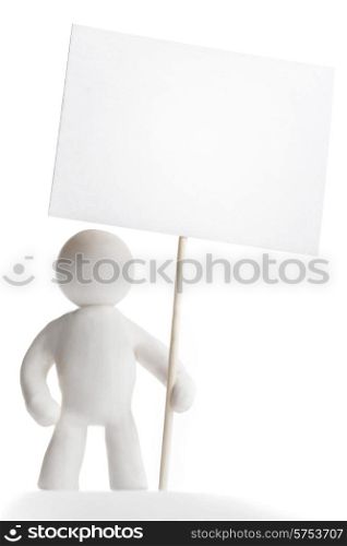 Plasticine man holding sign isolated on white background. Plasticine man holding sign