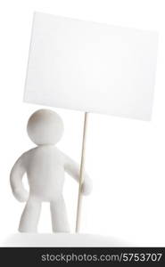 Plasticine man holding sign isolated on white background. Plasticine man holding sign