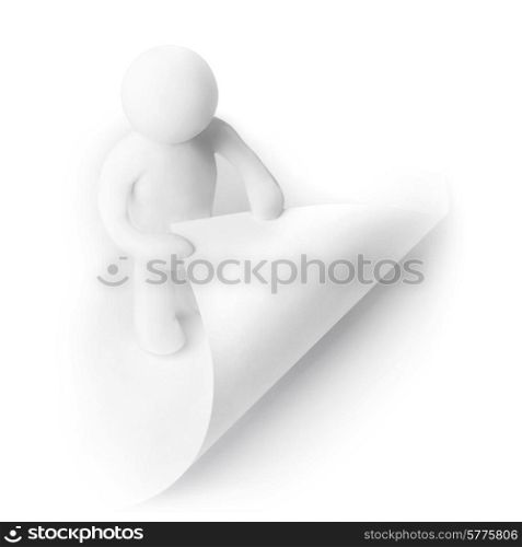 Plasticine man turning the page isolated on white background. Plasticine man turning page